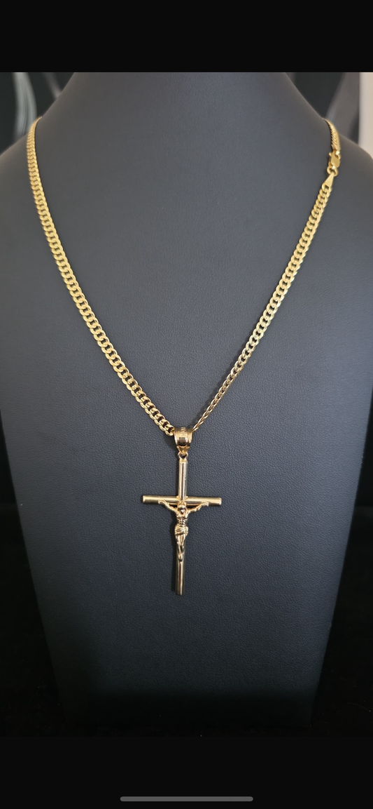“Elegant 10K Gold Chain – 24” with Sparkling Brillant-Cut Crucifix Pendant”